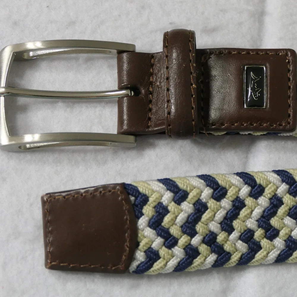 Greg Norman Mens Belt 42 Blue Tan Braided Stretch Nautical Preppy Coastal Yacht